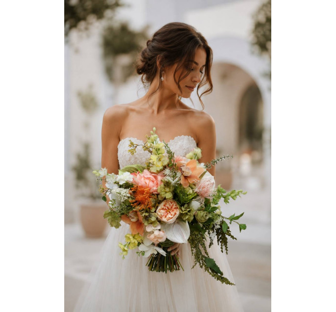 Peach, Yellow, White & Dusty Olive Asymmetrical Bridal Bouquet