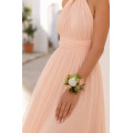 Floral Wrist Corsage in Peach, Yellow, White & Dusty Olive