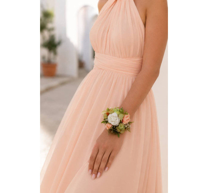 Floral Wrist Corsage in Peach, Yellow, White & Dusty Olive