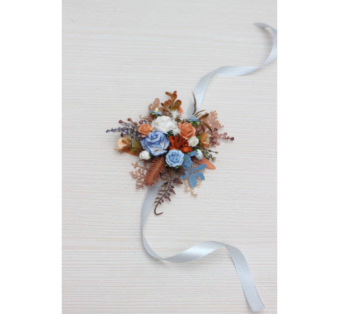 Floral Wrist Corsage in Terracotta, Dusty Blue & White