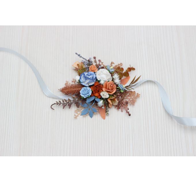 Floral Wrist Corsage in Terracotta, Dusty Blue & White