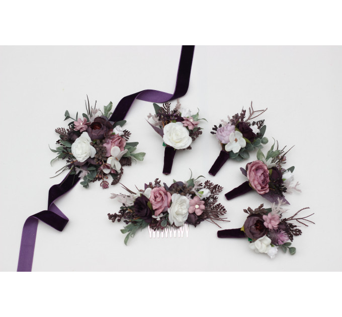Wedding Boutonnieres in Purple, Lilac & White Floral Tones