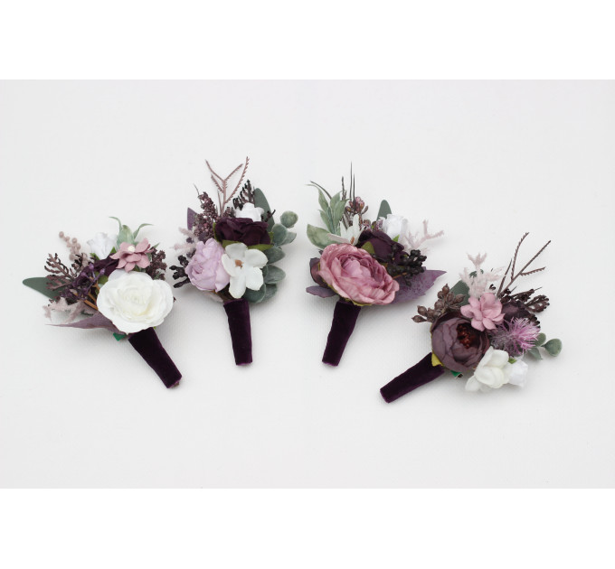 Wedding Boutonnieres in Purple, Lilac & White Floral Tones