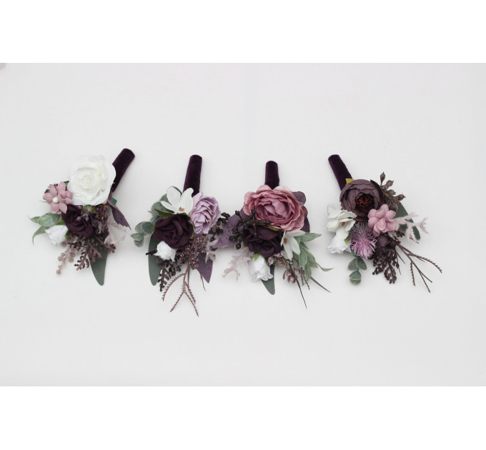 Wedding Boutonnieres in Purple, Lilac & White Floral Tones
