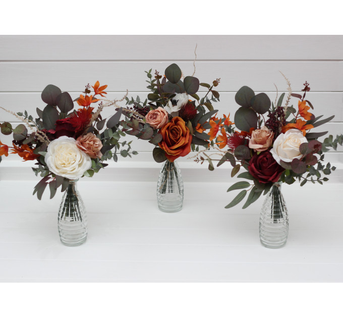 Simple Wedding Table Flowers in Burgundy, Rust, Ivory & Cinnamon