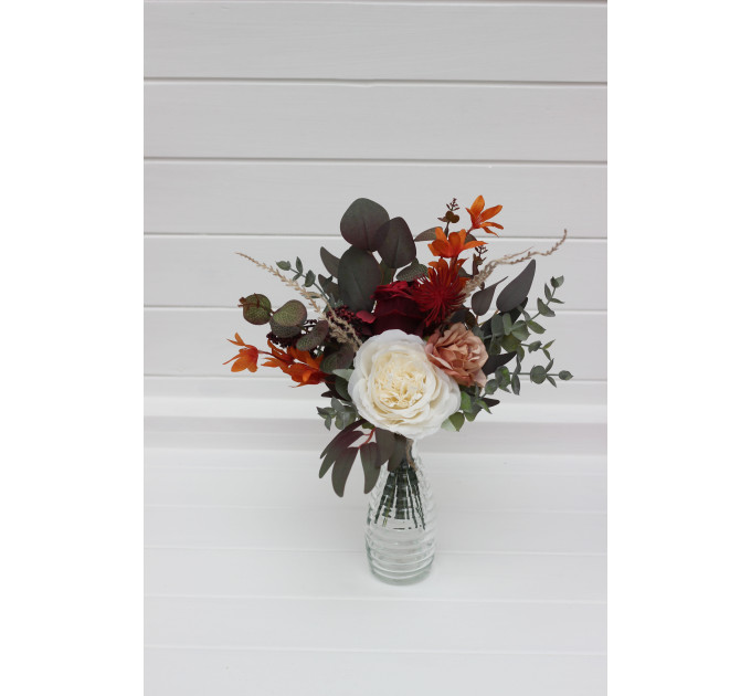 Simple Wedding Table Flowers in Burgundy, Rust, Ivory & Cinnamon