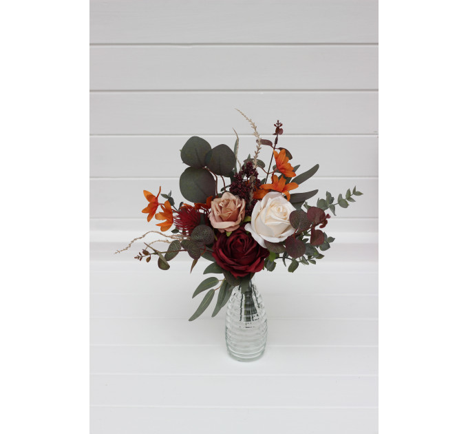 Simple Wedding Table Flowers in Burgundy, Rust, Ivory & Cinnamon