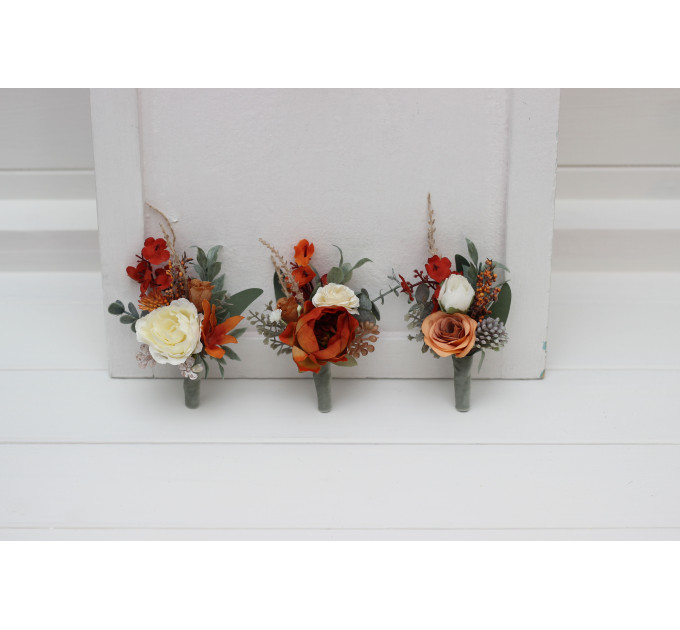 Wedding Boutonnieres in Burnt Orange, Ivory & Sage Green Tones