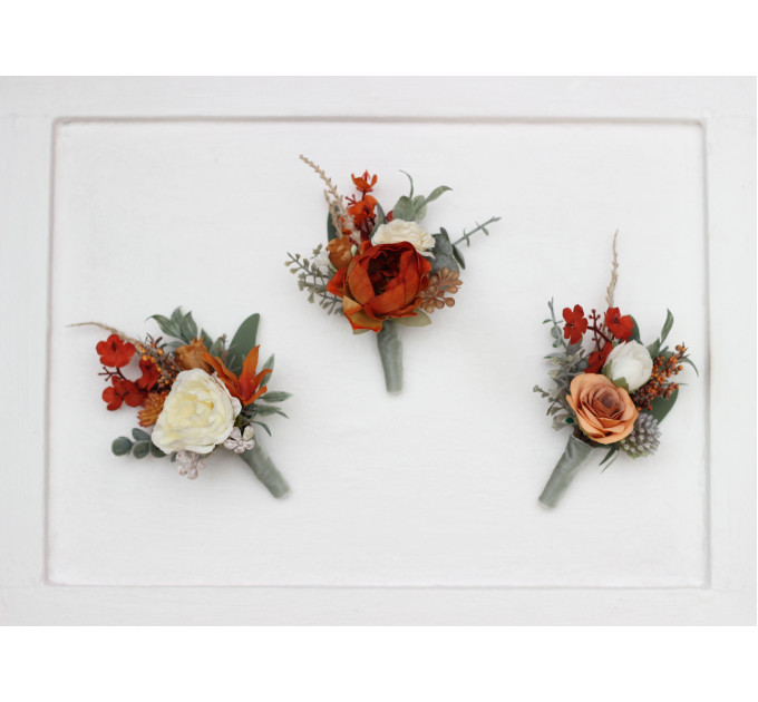 Wedding Boutonnieres in Burnt Orange, Ivory & Sage Green Tones