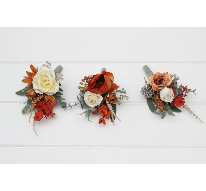 Wedding Boutonnieres in Burnt Orange, Ivory & Sage Green Tones