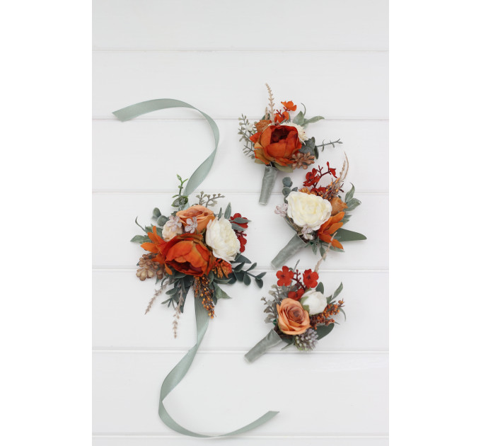 Wedding Boutonnieres in Burnt Orange, Ivory & Sage Green Tones