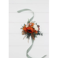 Burnt Orange, Ivory & Sage Green Wrist Corsage for Wedding and Prom 5348