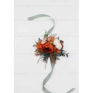 Burnt Orange, Ivory & Sage Green Wrist Corsage for Wedding and Prom 5348