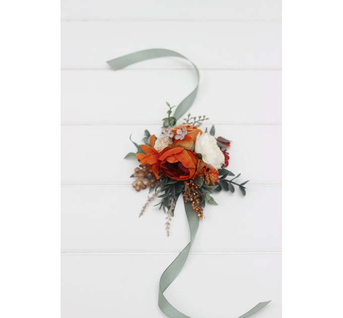 Floral Wrist Corsage in Burnt Orange, Ivory & Sage Green