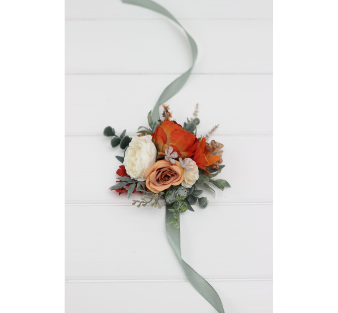 Floral Wrist Corsage in Burnt Orange, Ivory & Sage Green