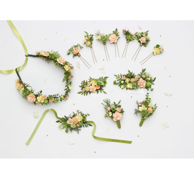 Bridal Floral Hair Clips in Peach, Yellow & Soft Olive Green