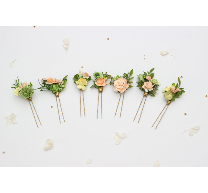 Bridal Hair Pins in Peach, Yellow & Soft Olive Green