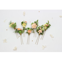 Peach, Yellow & Soft Olive Green Floral Hair Pins -Set of 7. 5494