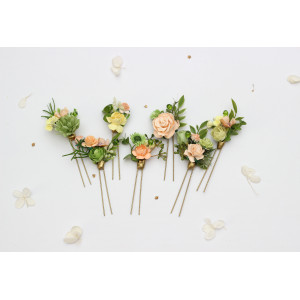 Peach, Yellow & Soft Olive Green Floral Hair Pins -Set of 7. 5494