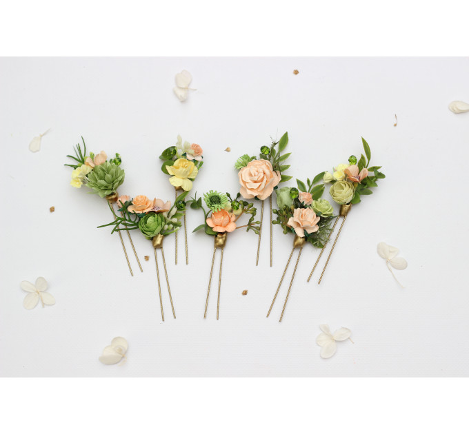 Bridal Hair Pins in Peach, Yellow & Soft Olive Green