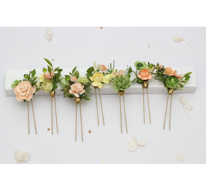 Bridal Hair Pins in Peach, Yellow & Soft Olive Green