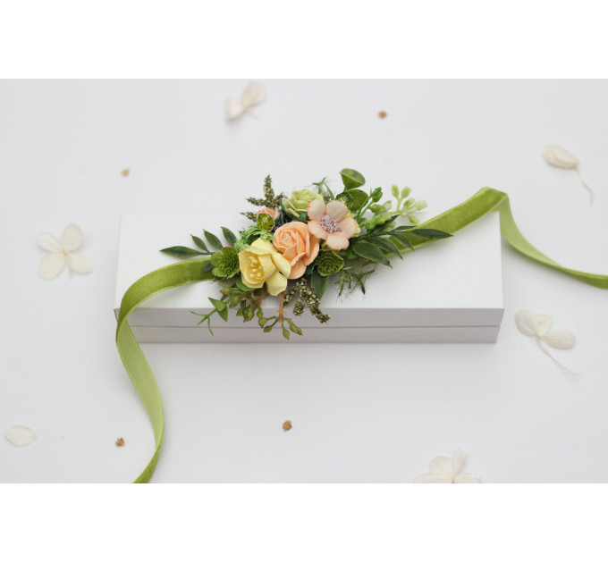 Floral Wrist Corsage in Peach, Yellow & Soft Olive Green