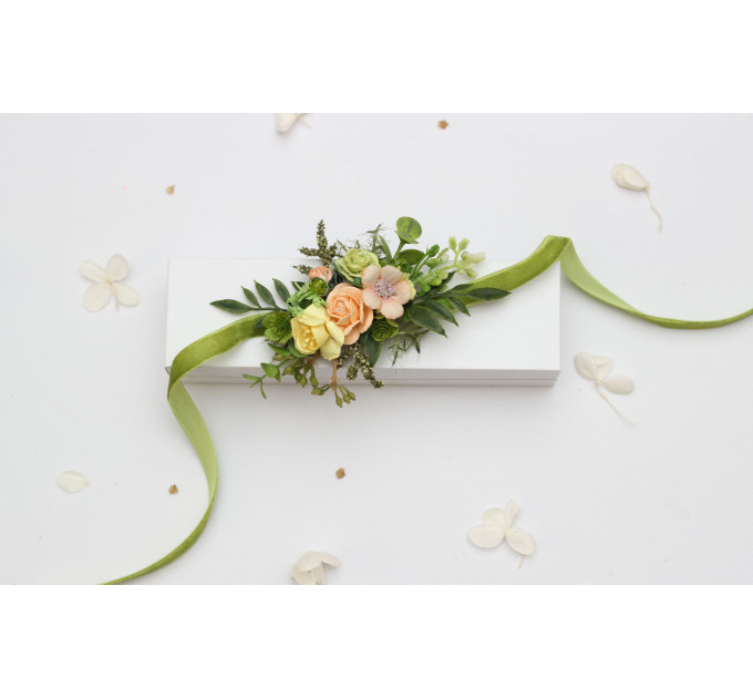 Floral Wrist Corsage in Peach, Yellow & Soft Olive Green