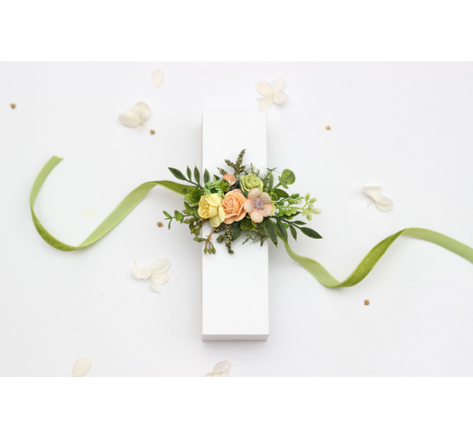 Floral Wrist Corsage in Peach, Yellow & Soft Olive Green