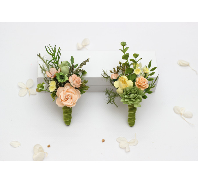 Groom & Groomsmen Flowers in Peach, Yellow & Soft Olive Green