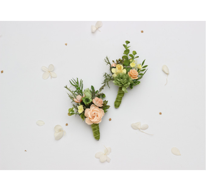 Groom & Groomsmen Flowers in Peach, Yellow & Soft Olive Green