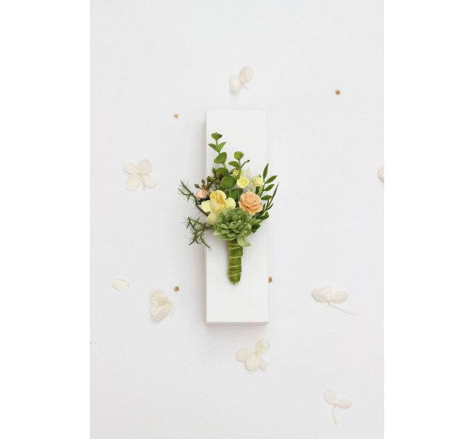 Groom & Groomsmen Flowers in Peach, Yellow & Soft Olive Green