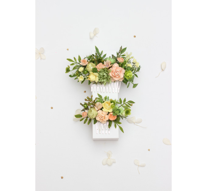 Bridal Floral Hair Clips in Peach, Yellow & Soft Olive Green