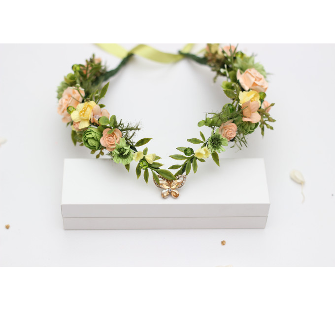 Fairy Floral Crown in Peach, Yellow & Soft Olive Green