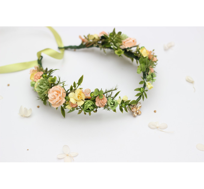 Fairy Floral Crown in Peach, Yellow & Soft Olive Green