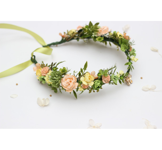Fairy Floral Crown in Peach, Yellow & Soft Olive Green