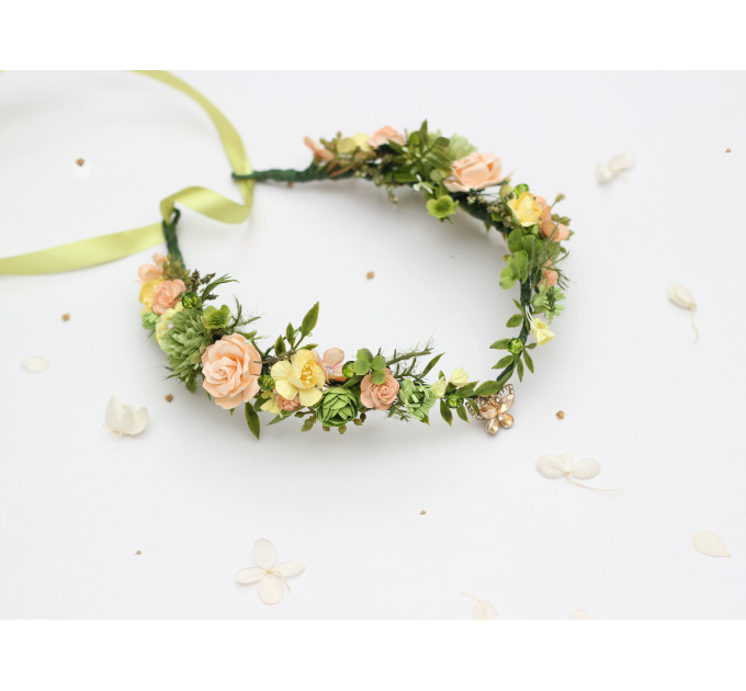 Fairy Floral Crown in Peach, Yellow & Soft Olive Green