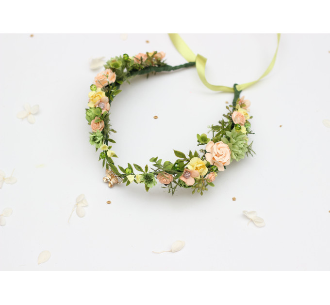 Fairy Floral Crown in Peach, Yellow & Soft Olive Green