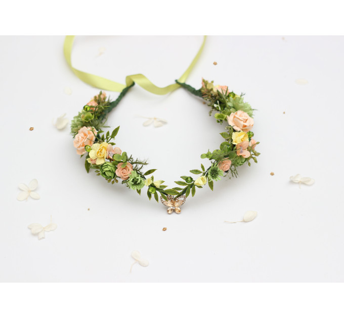 Fairy Floral Crown in Peach, Yellow & Soft Olive Green