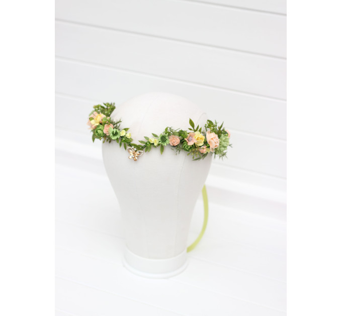 Fairy Floral Crown in Peach, Yellow & Soft Olive Green