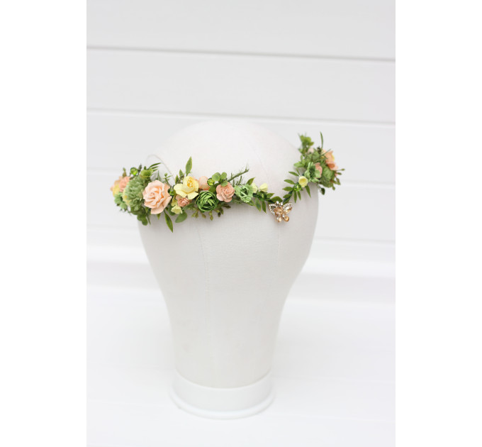 Fairy Floral Crown in Peach, Yellow & Soft Olive Green