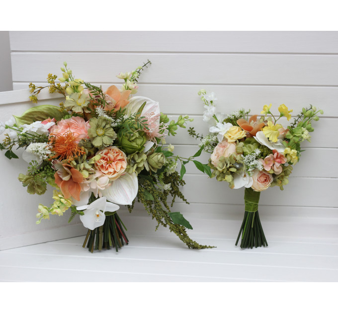Peach, Yellow, White & Dusty Olive Asymmetrical Bridal Bouquet