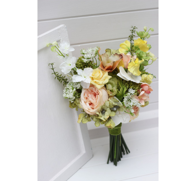 Peach, Yellow, White & Dusty Olive Asymmetrical Bridal Bouquet