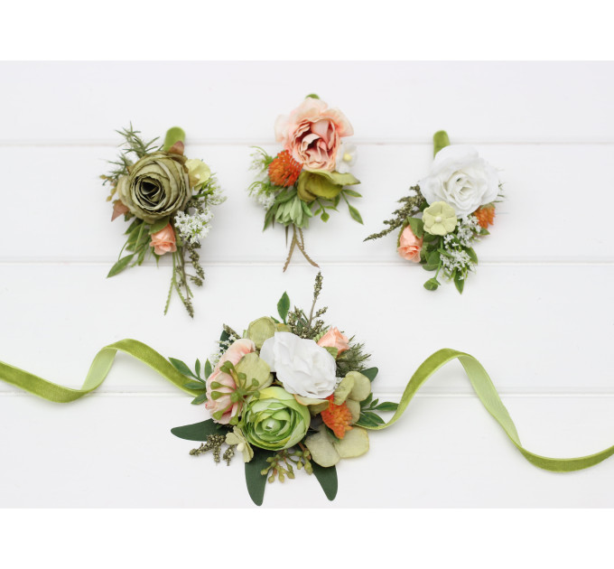 Groom & Groomsmen Flowers in Peach, Yellow, White & Dusty Olive