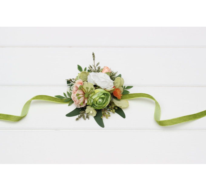 Floral Wrist Corsage in Peach, Yellow, White & Dusty Olive