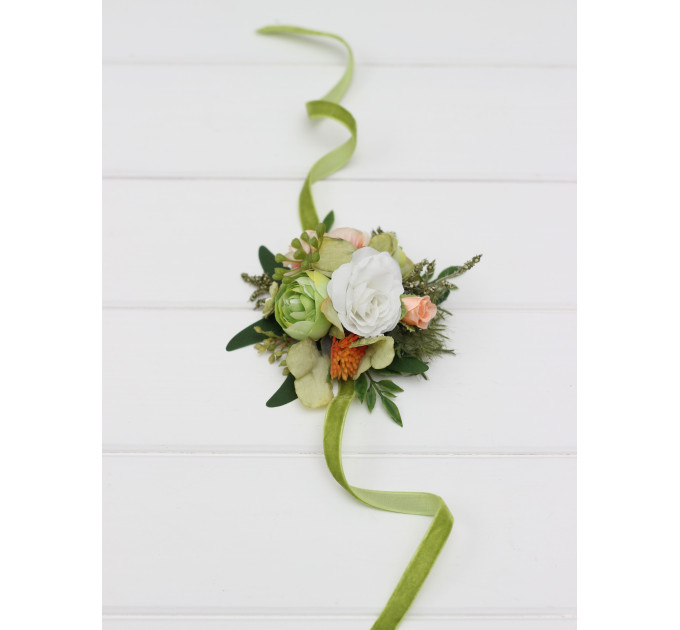 Floral Wrist Corsage in Peach, Yellow, White & Dusty Olive