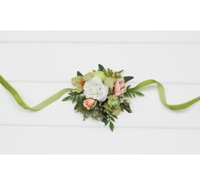 Floral Wrist Corsage in Peach, Yellow, White & Dusty Olive