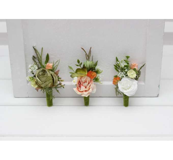 Groom & Groomsmen Flowers in Peach, Yellow, White & Dusty Olive