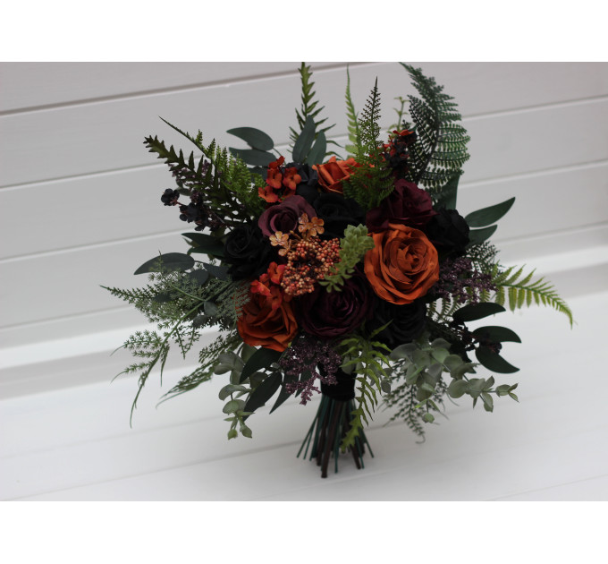Moody Gothic Bridal & Bridesmaid Bouquets with Ferns