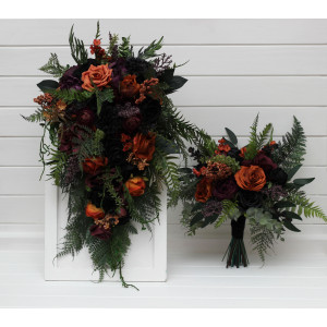 Purple, Orange, Black & Forest Green Woodland Wedding Bouquets 5495