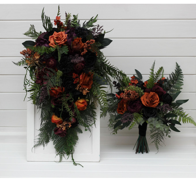 Moody Gothic Bridal & Bridesmaid Bouquets with Ferns